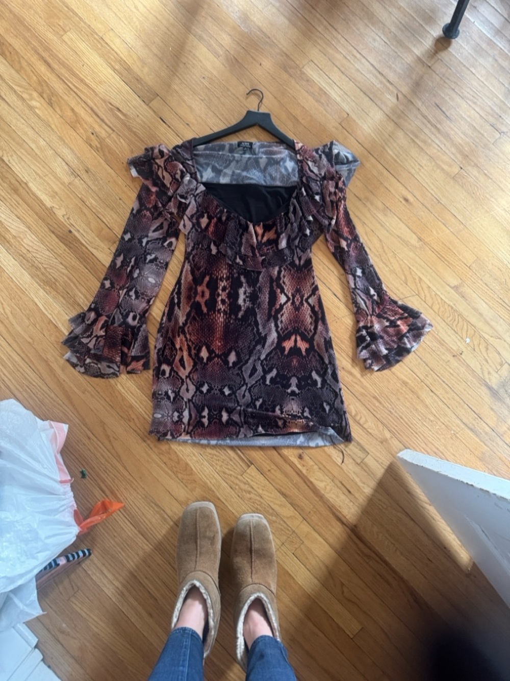 Anthropologie Brown Snake-Print Ruffle Mini Dress